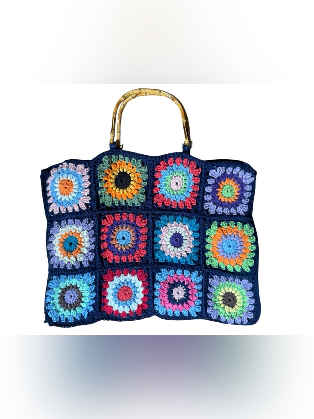 1970’s Vintage Handmade Crochet Granny Bag with Bamboo Handles